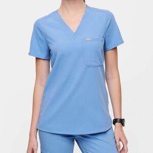 Figs Sky Blue Short Sleeve V-Neck Top